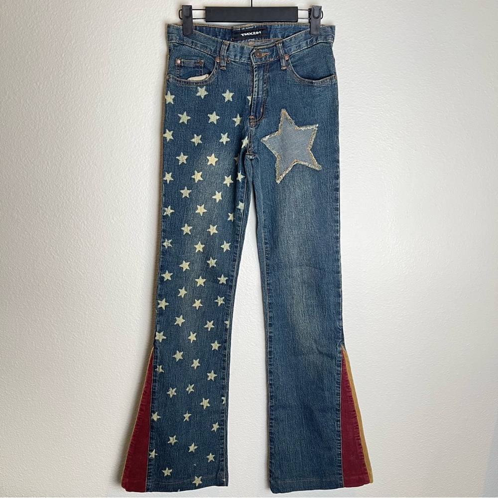 Y2K Vintage Star Print Low Rise Flare Jeans 26 Patch Festival Boho Rodeo Western